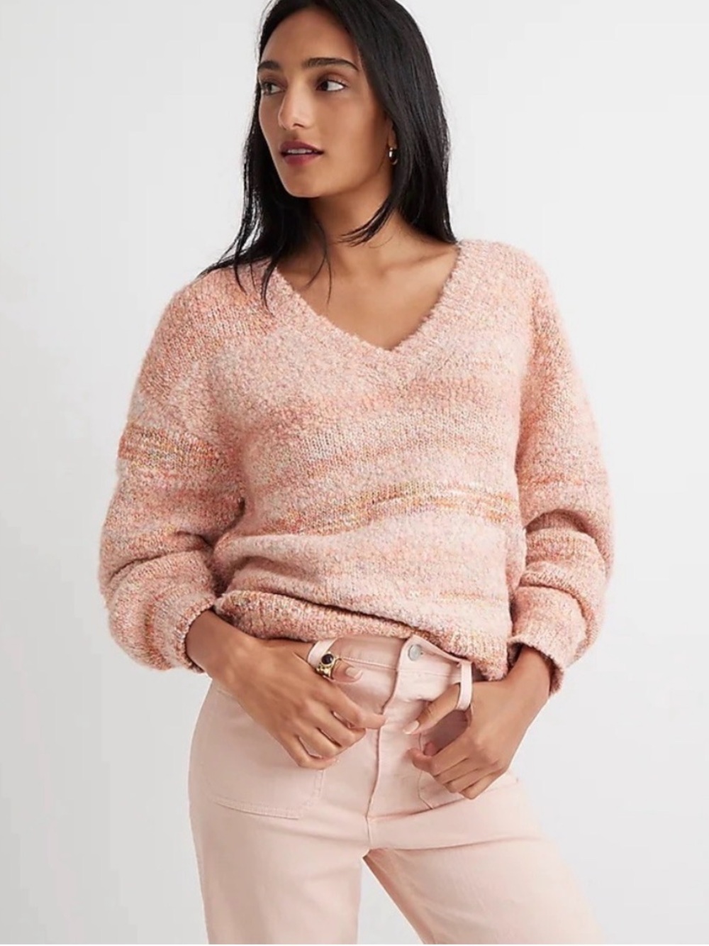 J. Crew Space Dye Orangle Multi Pink Bouclé V-Neck Sweater